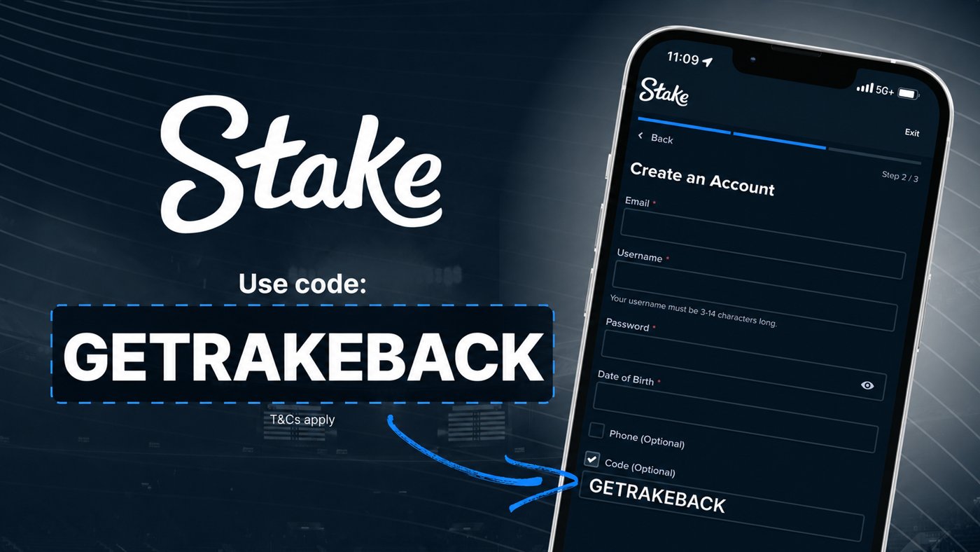 Stake signup screen with promo code GETRAKEBACK in the optional code field
